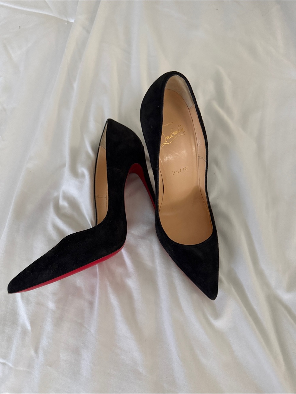 Christian Louboutin Black Suede Pointed Toe Pumps with Red Sole